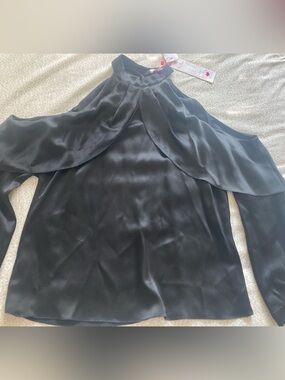 Parker High Neck Cold Shoulder Black Color 100 % Silk Satin Long Sleeve Blouse M